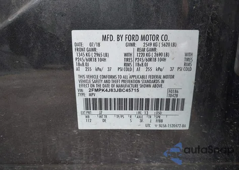 2018 Ford Edge Sel из США, поврежденный, VIN 2FMPK4J83JBC45715